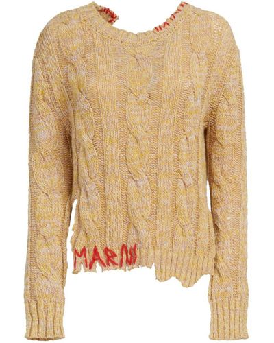 Marni Logo-embroidered Chunky Cable-knit Sweater - Natural