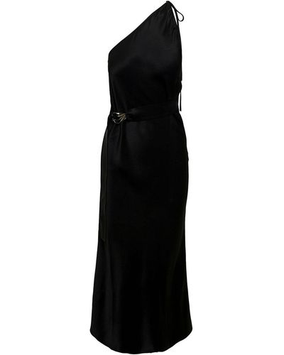 Matériel One Shoulder Black Satin Long Dress With Belt