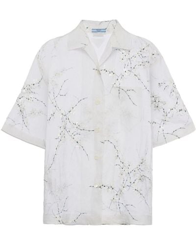 Prada Floral-embroidered Short-sleeved Sheer Shirt - White
