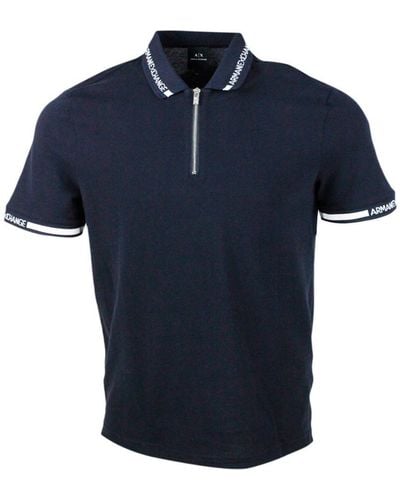 Armani Exchange Hort-Sleeved Pique Cotton Polo Shirt With Zip Closure And Writing On The Collar - Blue