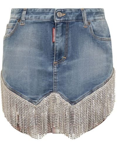 DSquared² Skirt With Crystals Medium Proper Wash Denim - Blue