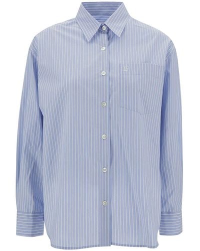 Low Classic Light Blue Relaxed Striped Shirt With Embroidered Logo In Cotton Woman