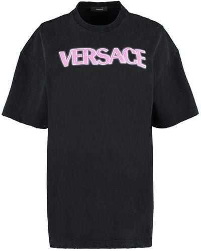 Versace Distressed T-shirt With Neon Logo - Black