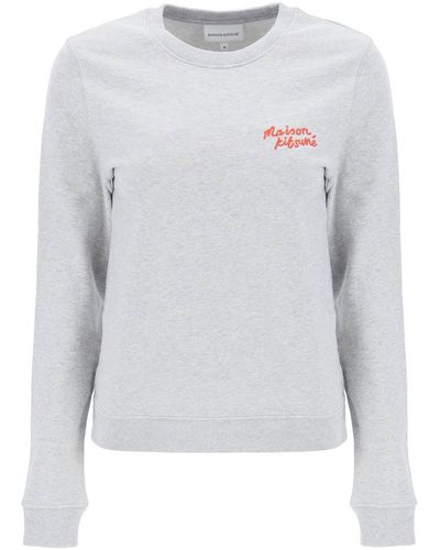 Maison Kitsuné Crew Neck Sweatshirt With Logo Lettering - Grey