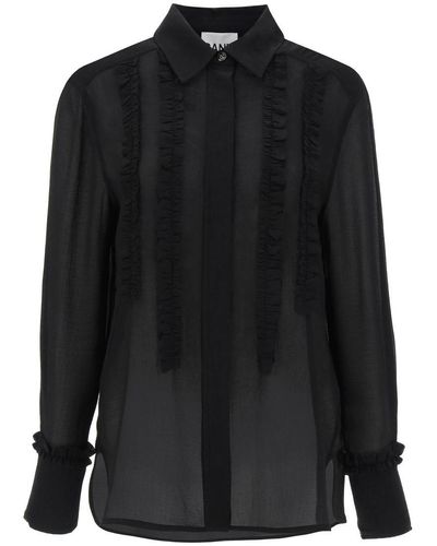 Ganni Ruffled Chiffon Shirt - Black