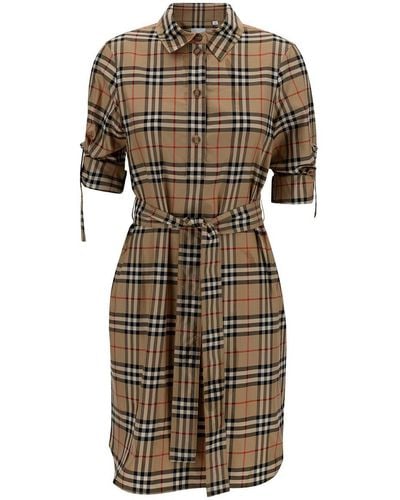 Burberry Beige Mini Dress With Matching Belt And Check Print In Cotton Woman - Natural