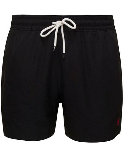 Polo Ralph Lauren Black Swim Trunks With Embroidered Logo And Logo Patch In Nylon Man