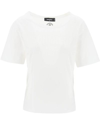 DSquared² T Shirt With Rhinestone Logo - White