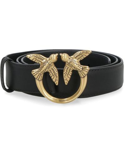 Pinko 'love Birds' Black Belt With Logo Buckle In Soft Silky Leather