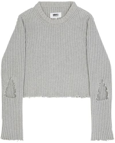 MM6 by Maison Martin Margiela Ribbed Knit Sweater With Ripped Details - Gray
