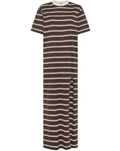 MSGM Long Cotton Dress With Striped Pattern And Slit - Brown