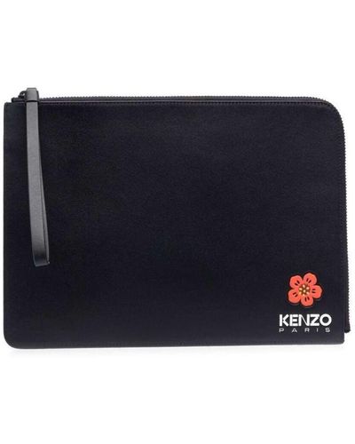 KENZO Black Clutch Bag With Logo Patch And Wrist Strap In Leather Man - Blue