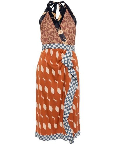 Dries Van Noten Silk Blend Satin Midi Dress With Print - Orange