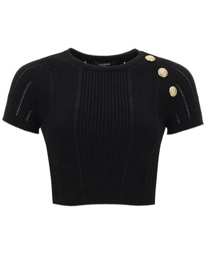 Balmain Knitted Cropped Top With Embossed Buttons - Black