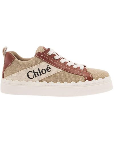 Chloé 'Lauren' Low Top Trainers With Logo Detail And Leather Trim - Natural