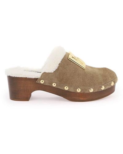 Dolce & Gabbana Suede And Faux Fur Clogs With Dg Logo. - Brown