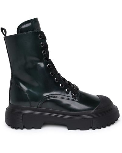 Hogan H619 Green Leather Combat Boots - Black