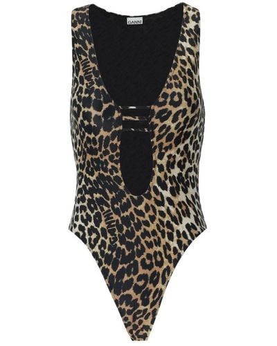 Ganni Leopard-print Cut-out Swimsuit - Black