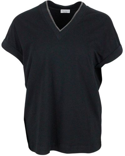 Brunello Cucinelli Short-sleeved T-shirt In Stretch Cotton With V-neckline Trimmed With Jewels - Black