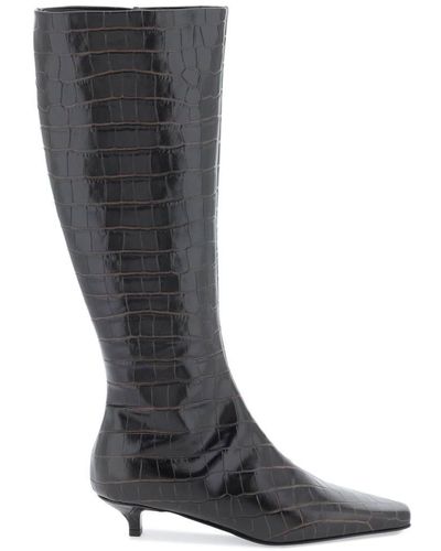 Totême The Slim Knee High Boots In Crocodile Effect Leather - Black