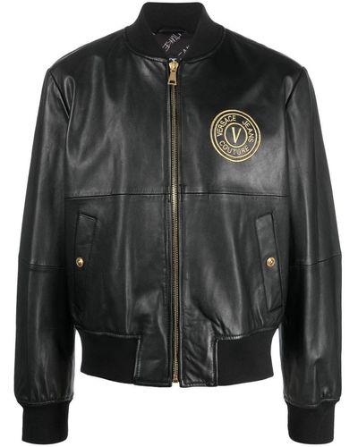 Versace Logo-embroidered Leather Jacket - Black