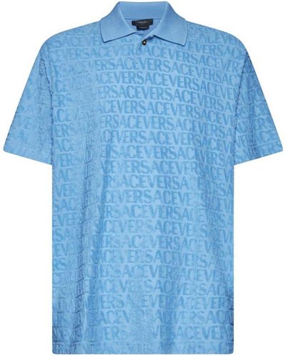 Versace Logo Embroidered Cotton Polo Shirt - Blue