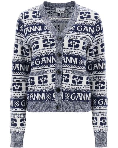 Ganni Jacquard Wool Cardigan With Logo Pattern - Blue