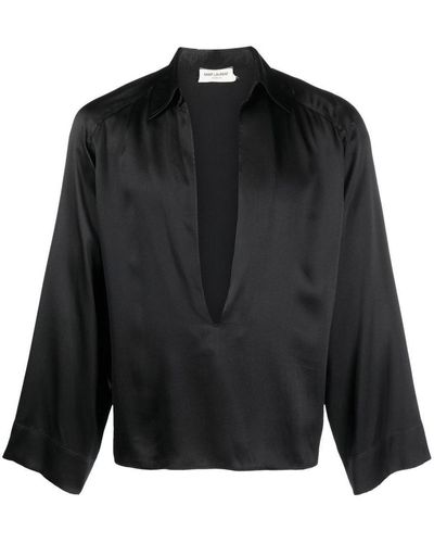 Saint Laurent Plunge-neck Silk Shirt - Black