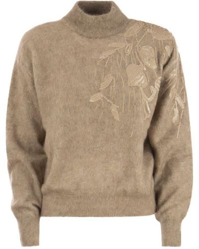 Brunello Cucinelli Mohair, Wool And Silk Jumper With Embroidery - Natural