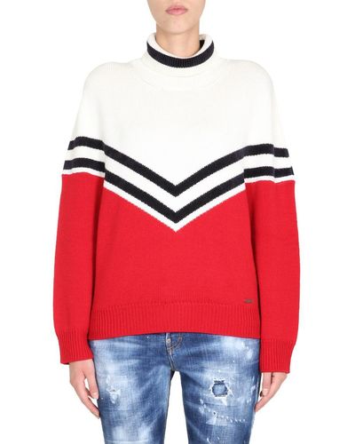 DSquared² Colour Block Roll Neck Jumper - Red