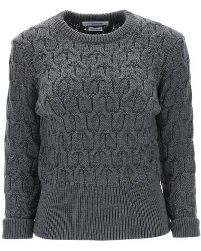 Thom Browne Jumper In Wool Cable Knit - Grey
