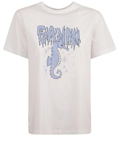 Ganni Seahorse Print Cotton T-Shirt - Blue
