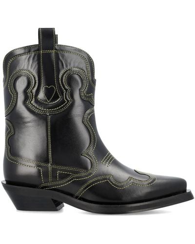 Ganni Embroidered Low Western Boots - Black