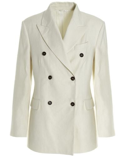Brunello Cucinelli Double Breast Linen Blazer Jacket - White