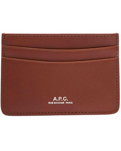 A.P.C. Man's Brown Leather Card Holder With Logo Print - Red