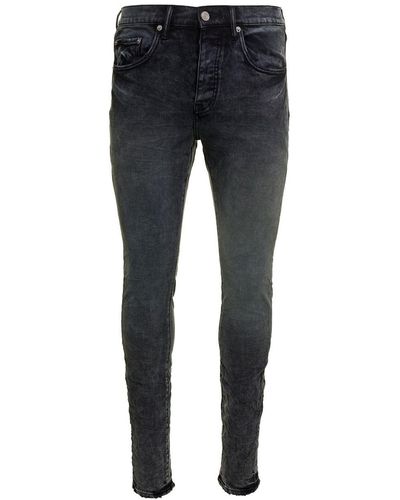 Purple Brand Black Skinny Jeans With Tonal Logo Patch And Crinkled Effect In Stretch Cotton Denim Man - Blue