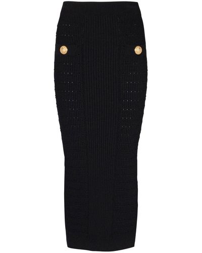 Balmain Button-Embossed Knit Midi Pencil Skirt - Black