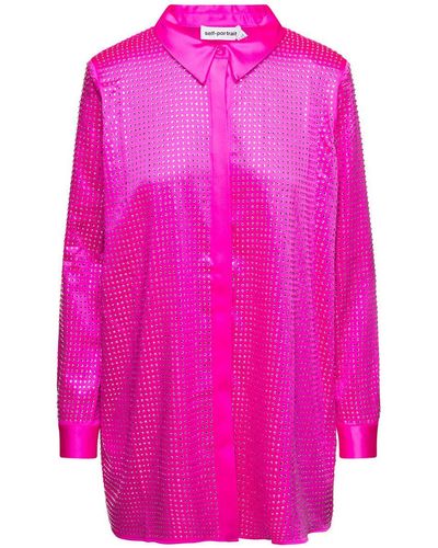 Self-Portrait Shirt With All-over Crystal Embellishment In Fuchsia Satin Woman - Pink