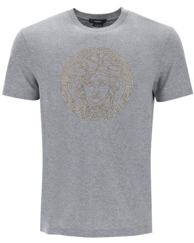Versace Rhinestones Medusa T Shirt - Gray