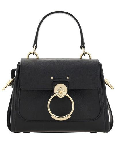 Chloé Black Pebble Leather Handbag With Metal Ring Details And Gold Hardware