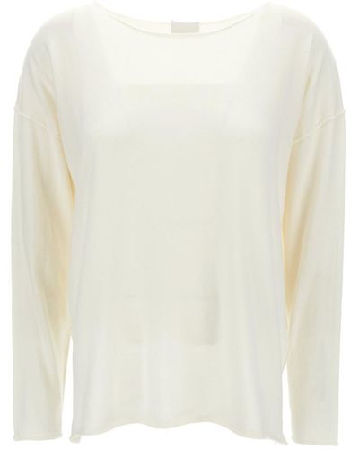 Allude Ivory Long-sleeve Top With Boat Neckline In Cotton And Cashmere Woman - White