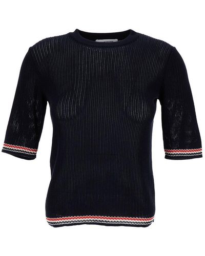 Thom Browne Pointelle Knit Top With Rwb Stripe - Black