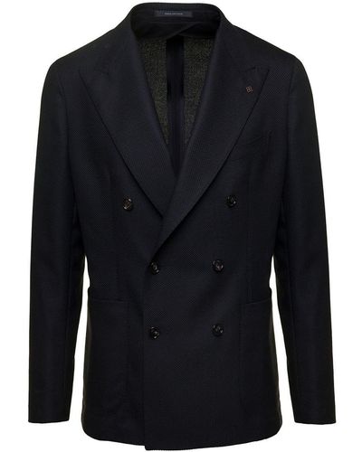 Tagliatore 'Montecarlo' Double-Breasted Jacket With Logo Pin In - Blue