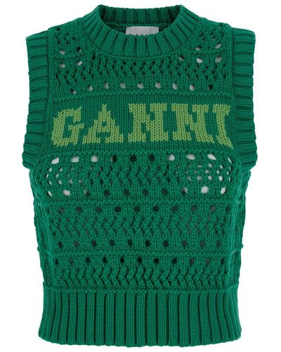 Ganni Crochet Vest With Logo - Green