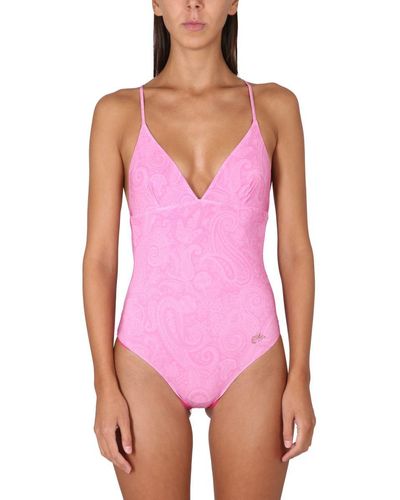 Etro One Piece Swimsuit With Logo - Pink