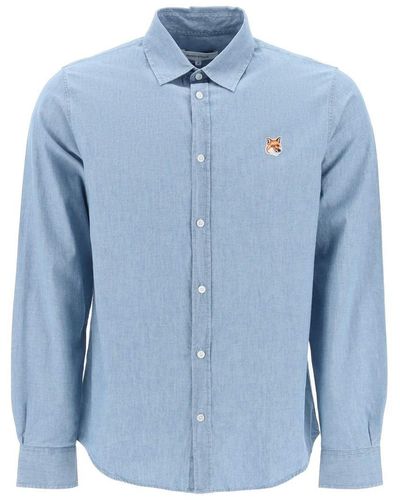 Maison Kitsuné "Fox Head Cotton Chambray Shirt" - Blue