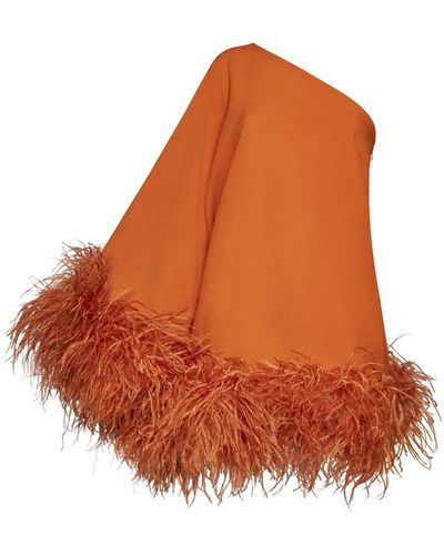 ‎Taller Marmo Piccolo Ubud One-Shoulder Feather-Trimmed Crepe Mini Dress - Orange