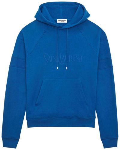Saint Laurent Men Logo-embroidered Cotton Hoodie - Blue
