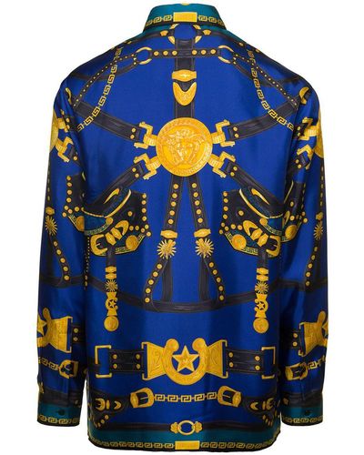 Versace Blue Shirt With 'harness' Detail And 'medusa' Print In Silk Man