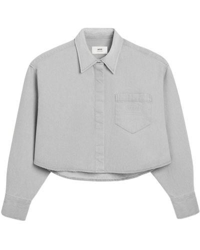 Ami Paris Logo-Embossed Denim Shirt - Gray